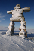A large Inukshuk built at Igloolik in 2000 to commemorate the new millenium. Nunavut, Canada. 2002