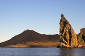 Pinnacle Rock, the eroded remains of a tuff cone, by the the volcano on Isla Bartolome. Santiago. Galapagos. Ecuador