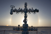 Sundogs behind a 'Christmas tree'(valve assembly),in the South Tambey gas field near Sabetta. Yamal Peninsula, NW Siberia, Russia