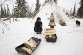 Albina Valeeva, a young Komi girl, and her brother Matvey (left), drag firewood in a sled back to their family's tent at a winter camp in the forest. Priuralsky District, Yamal, NW Siberia.