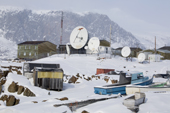 Satellite dishes bring TV, phones and the internet to the Inuit community of Pangnirtung. Nunavut, Canada. 2008