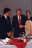 The Cree's Grand Chief presents traditional drum to the Home Minister of Quebec. Canada. 1988