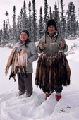 A Cree trapper and wife, Abel & Elizabeth Brien, with pelts of autumn catch of Pine Martens, Quebec, Canada. 1988