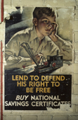 Wartime poster 'Lend to Defend' 1940, by Tom Purvis, in disused underground station. King William Street, London. UK