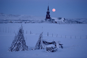 Moonrise over the church in the Finnmark town of Kautokeino in the Polar night. Northern Norway. 1990