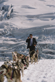 Man in business suit driving dog sled up a mountain while on the phone. Alaska