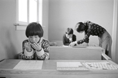 Agpalinguaq Imina,an Inuit boy, counts on his fingers during a maths lesson in the village school at Siorapaluk. Thule, Northwest Greenland. 1977